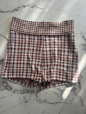 Free People Pink and Brown Plaid Knit Bike Shorts
